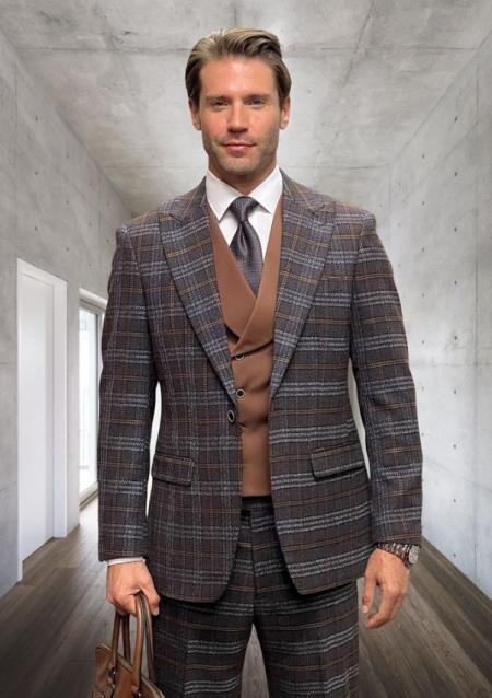 Athletic Suit - Brown Windowpane - Plaid Suit Modern Fit Side Vented Super 150's Wool Fabric - 100% Percent Wool Fabric Suit - Worsted Wool Business Suit