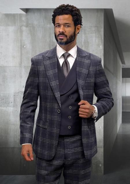 Athletic Suit - Eggplant Windowpane - Plaid Suit Modern Fit Side Vented Super 150's Wool Fabric - 100% Percent Wool Fabric Suit - Worsted Wool Business Suit