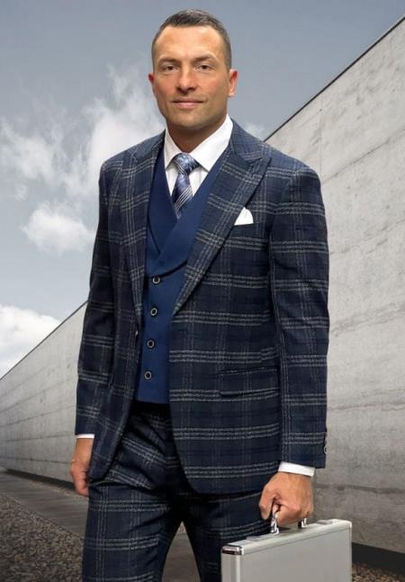 Athletic Suit - Indigo Windowpane - Plaid Suit Modern Fit Side Vented Super 150's Wool Fabric - 100% Percent Wool Fabric Suit - Worsted Wool Business Suit