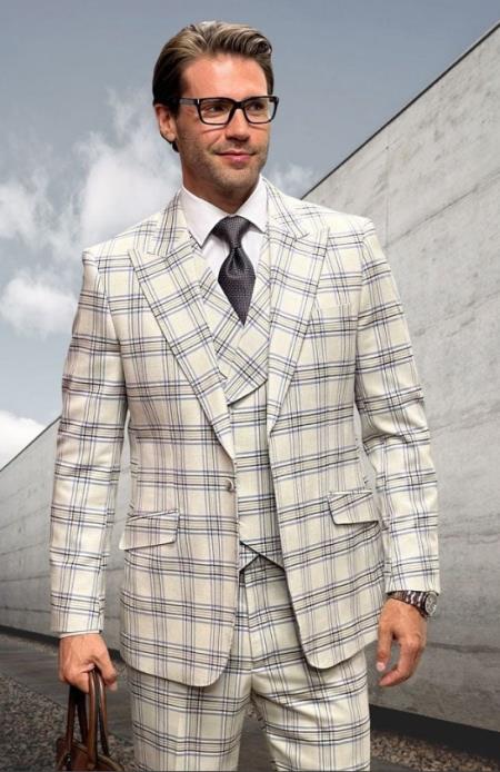 Athletic Suit - Ivory Windowpane - Plaid Suit Modern Fit Side Vented Super 150's Wool Fabric - 100% Percent Wool Fabric Suit - Worsted Wool Business Suit