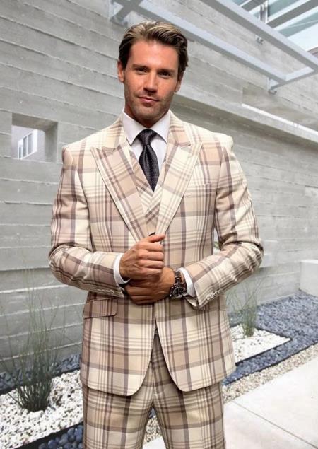 Athletic Suit - Tan Windowpane - Plaid Suit Modern Fit Side Vented Super 150's Wool Fabric