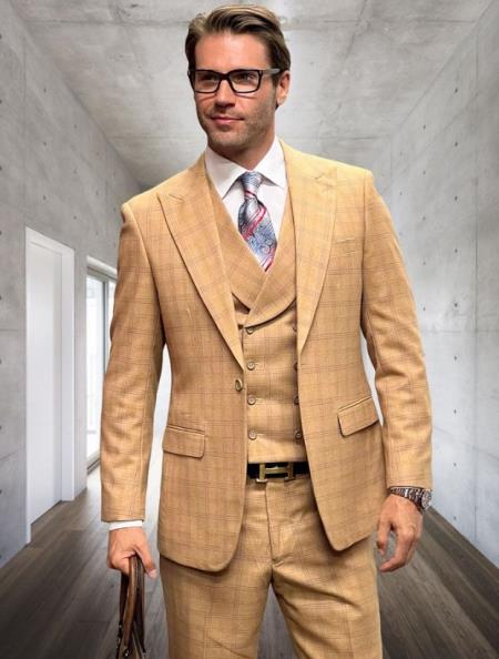 Athletic Suit - Camel Windowpane - Plaid Suit Modern Fit Side Vented Super 150's Wool Fabric
