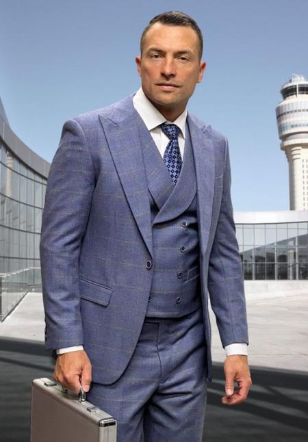 Athletic Suit - Steel Blue Windowpane - Plaid Suit Modern Fit Side Vented Super 150's Wool Fabric