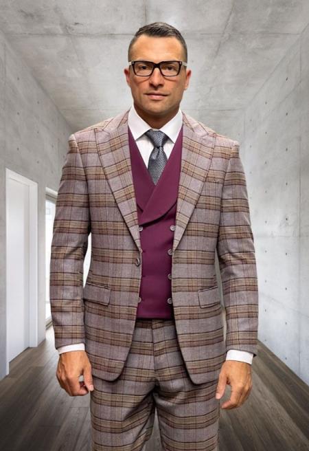 Athletic Suit - Burgundy Windowpane - Plaid Suit Modern Fit Side Vented Super 150's Wool Fabric