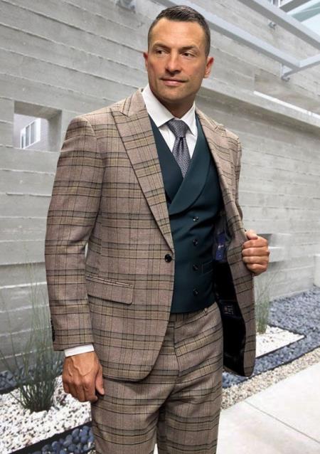 Athletic Suit - Jade Windowpane - Plaid Suit Modern Fit Side Vented Super 150's Wool Fabric