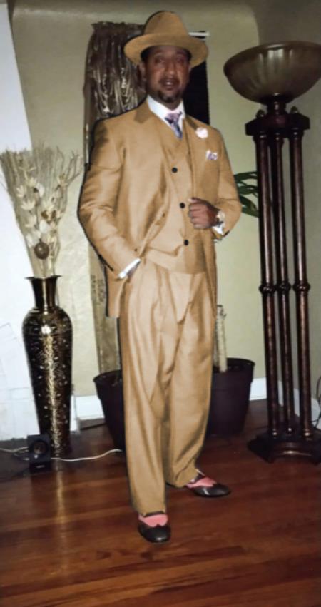 Wide Leg Pleated Pants Pants - 100% Wool Suit - Double Breasted Vest Peak Lapel - Classic Fit Suit - Vested Suit - Tan