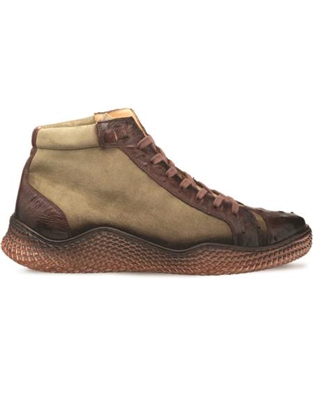 Brand: Mezlan Shoes For Men On Sale Militare Ostrich - Suede Hi-Top Sneaker Brown ~ Green