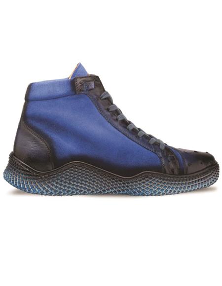 Brand: Mezlan Shoes For Men On Sale Militare Ostrich - Suede Hi-Top Sneaker Jeans ~ Cobalt