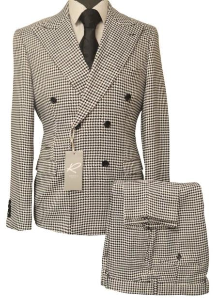 Houndstooth Double Breasted Suit - Wool Fabric Black and White Patterned Checkered Suit - 100% Percent Wool Fabric Suit - Worsted Wool Business Suit