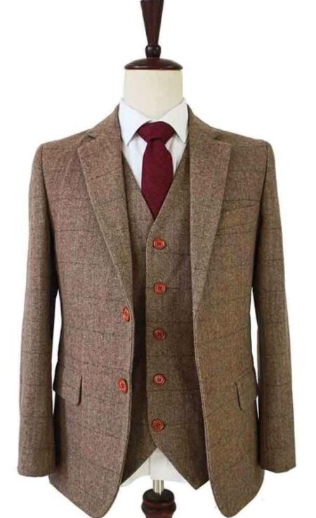 Mens Two Button Notch Label Tweed Suit Brown Herringbone