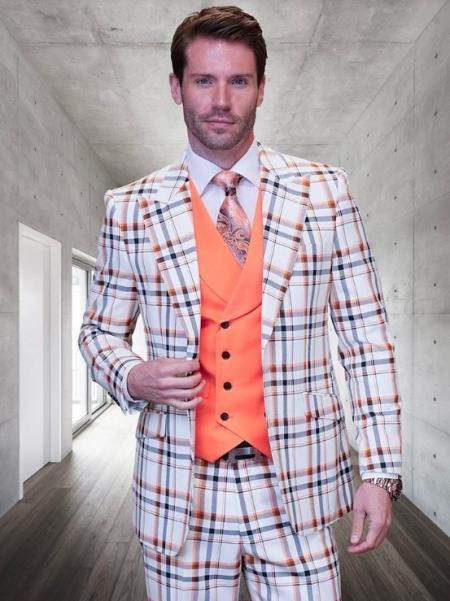 White and Orange Plaid Suit - Wool Suit - Peach Suit - Vested Suit - 100% Percent Wool Fabric Suit - Worsted Wool Business Suit