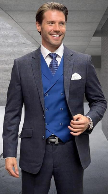 Sapphire Plaid - Vested Suits - Statement Brand - Vested Suits Wool suits - Suits with Double Breasted Vest - Windowpane Pattern - 100% Percent Wool Fabric Suit - Worsted Wool Business Suit