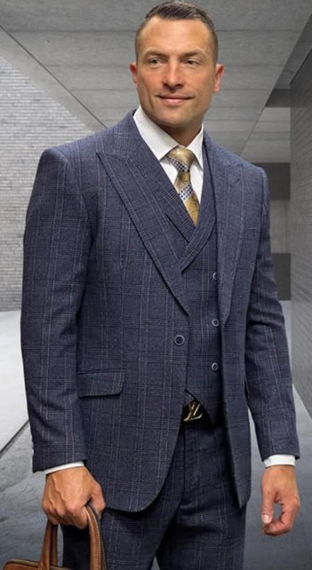 Navy Plaid - Vested Suits - Statement Brand - Vested Suits Wool suits - Suits with Double Breasted Vest - Windowpane Pattern - 100% Percent Wool Fabric Suit - Worsted Wool Business Suit