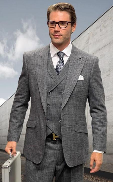 Black Plaid - Vested Suits - Statement Brand - Vested Suits Wool suits - Suits with Double Breasted Vest - Windowpane Pattern - 100% Percent Wool Fabric Suit - Worsted Wool Business Suit
