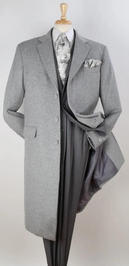 Men's 100% Wool Full Length Length Top Coat - Hidden Button Light Grey