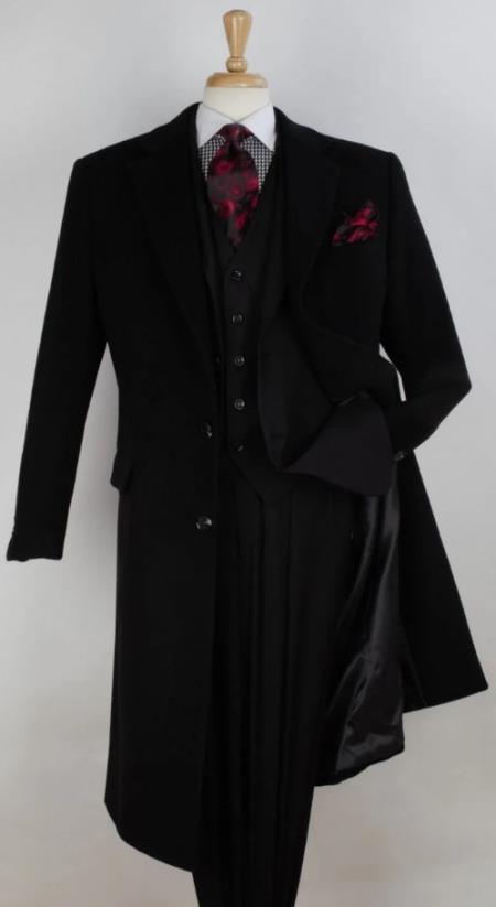 Men's 100% Wool Full Length Length Top Coat - Hidden Button Black Windowpane