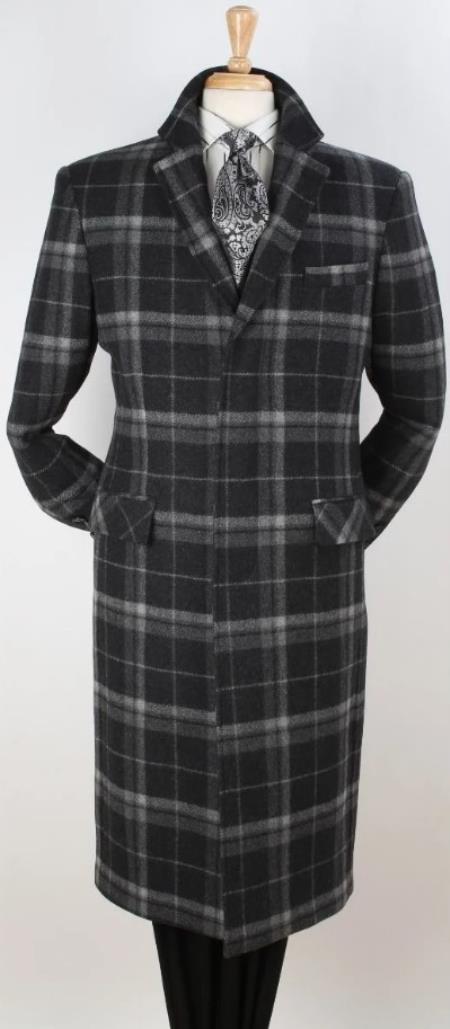 Men's 100% Wool Full Length Length Top Coat - Hidden Button Solid Black
