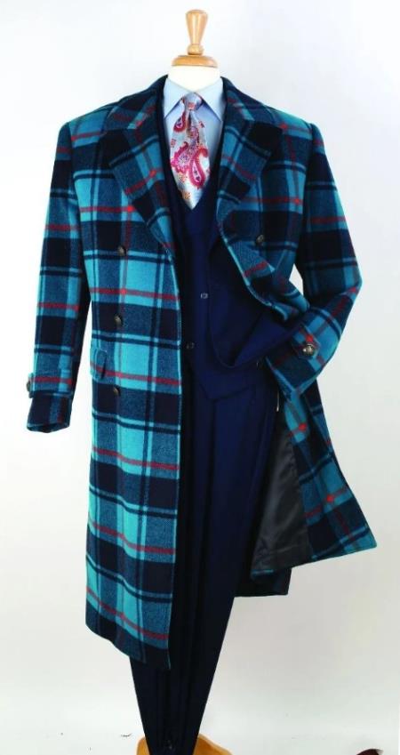 Men's Full Length Top Coat - Wide Fashion Lapel Blue Windowpane