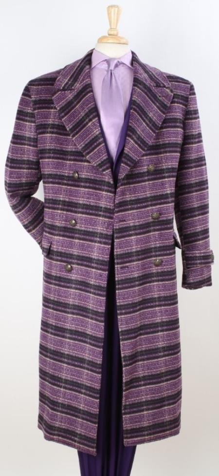 Men's Full Length Top Coat - Wide Fashion Lapel Purple Windowpane