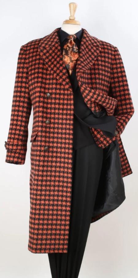 Men's Full Length Top Coat - Wide Fashion Lapel Rust Houndstooth