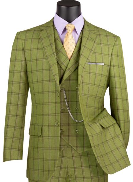 Vinci Mens Windowpane 3-Piece Suit Modern Fit - Moss Green