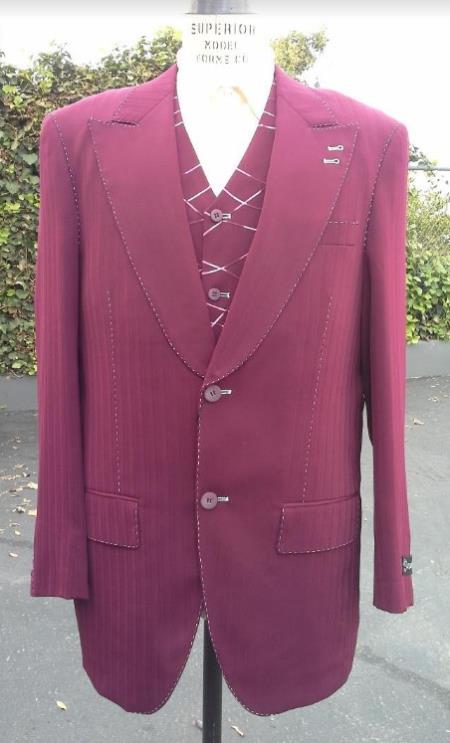 Mens Burgundy Suit With Wide Leg Pants - Maroon ~ Wine Color Suit With Pick Stitching