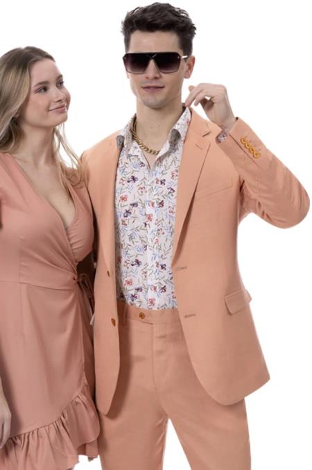 Mens Two Button Notch Lapel Modern Fit Casual Summer Linen Suit in Salmon