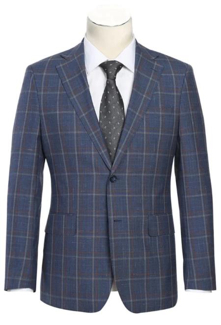 Mens Two Button Slim Fit Windowpane Plaid Suit in Blue