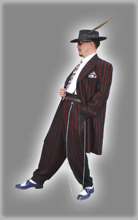 Mens High Fashion Vested Black and Red Pinstripe Zoot Suit For Sale ~ Pachuco Mens Suit Perfect for Wedding