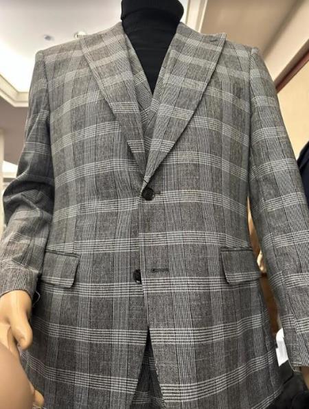 Wool Suit - Mens Plaid Suit - Checkered Windowpane - Super 150s Fabric Business Suit Grey - 100% Percent Wool Fabric Suit - Worsted Wool Business Suit
