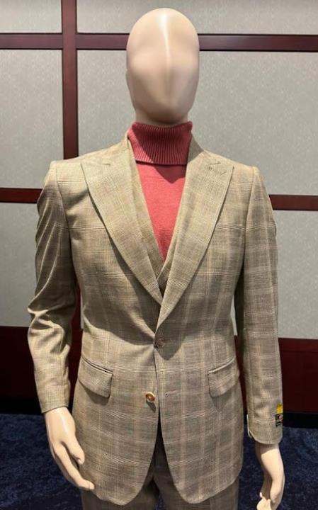 Wool Suit - Mens Plaid Suit - Checkered Windowpane - Super 150s Fabric Business Suit Taupe ~ Tan ~ Camel - 100% Percent Wool Fabric Suit - Worsted Wool Business Suit