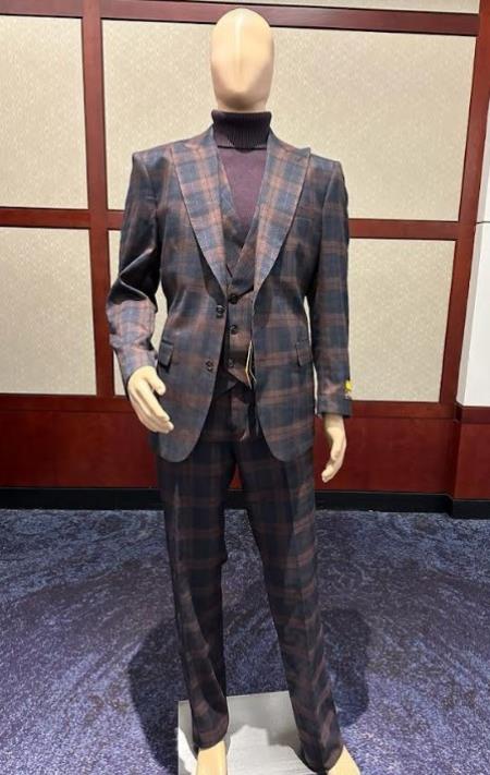 Wool Suit - Mens Plaid Suit - Checkered Windowpane - Super 150s Fabric Business Suit Brown - 100% Percent Wool Fabric Suit - Worsted Wool Business Suit