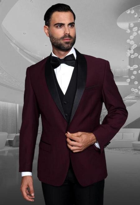 Burgundy Tuxedo Plus Black Pants and Black Vest - Wedding and Prom Tuxedo Suit