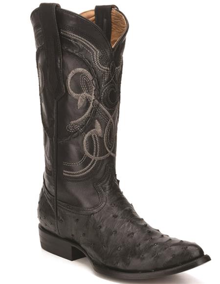 R Toe Cowboy Boots - Round Toe Cowboy Boots - Cuadra Mens Black Ostrich Cowboy Boots R-Toe - Black
