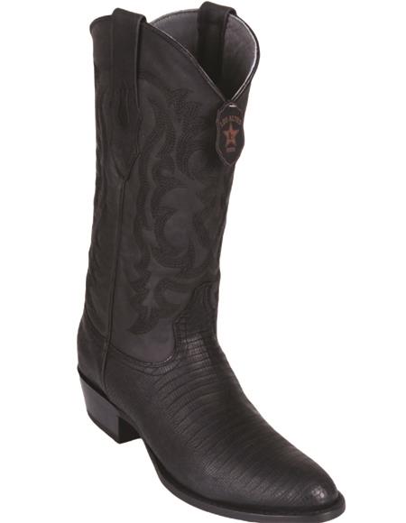 R Toe Cowboy Boots - Round Toe Cowboy Boots - Los Altos Lizard Teju R-Toe Greasy Finish Black Cowboy