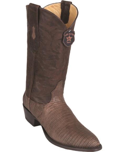 R Toe Cowboy Boots - Round Toe Cowboy Boots - Los Altos Lizard Teju R-Toe Greasy Finish Brown Cowboy