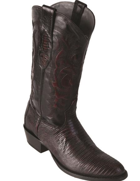R Toe Cowboy Boots - Round Toe Cowboy Boots - Los Altos Lizard Teju R-Toe Black Cherry Cowboy Boots