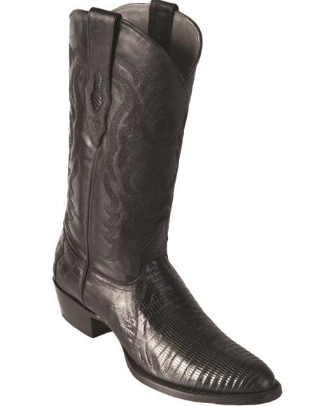 R Toe Cowboy Boots - Round Toe Cowboy Boots - Los Altos Lizard Teju R-Toe Black Cowboy Boots