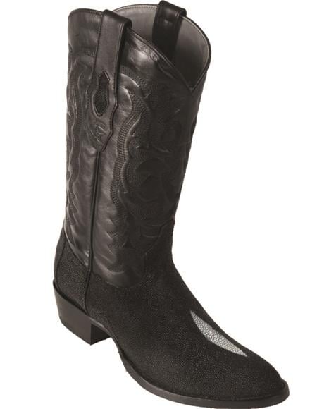 R Toe Cowboy Boots - Round Toe Cowboy Boots - Los Altos Single Stone Stingray R-Toe Black Cowboy Boo