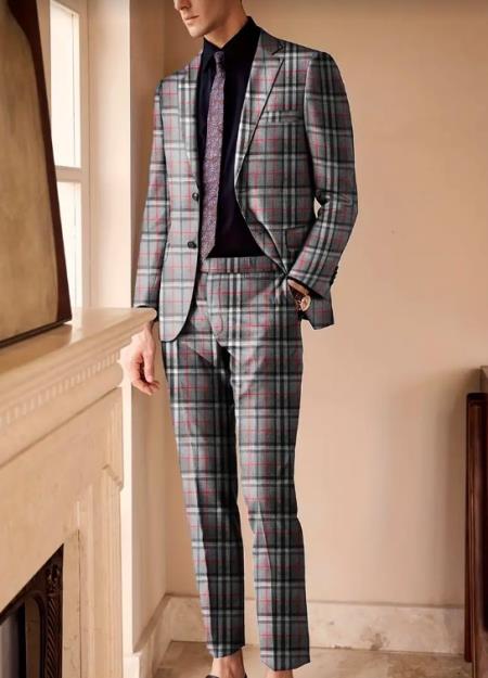 Medium Gray With Black Mix Pattern With Red Plaid Suit Windowpane Suit Vested Suit - Light Weight Wool Suit - 100% Percent Wool Fabric Suit - Worsted Wool Business Suit