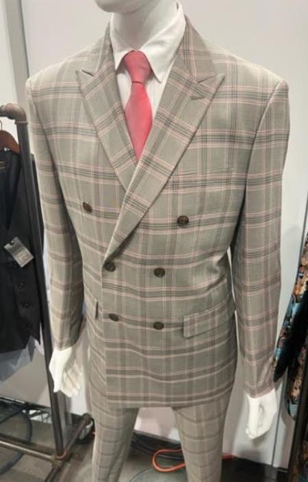 Peak Lapel Suit - Plaid Suit - Windowpane Pattern Color Suit - Gray With Coral Mixed