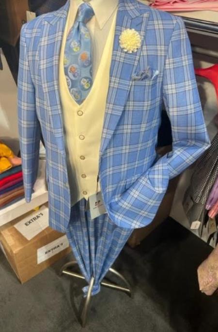 Peak Lapel Suit - Plaid Suit - Windowpane Pattern Color Suit - Sky Blue and Yellow - Steel Blue