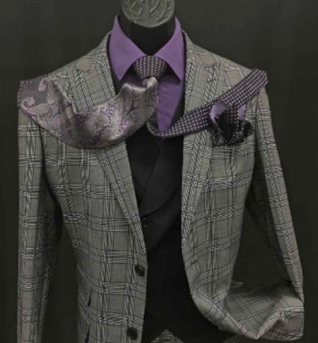 Charcoal Grey Windowpane Suit With Double Breasted Vest - Super 150's Wool Suit
