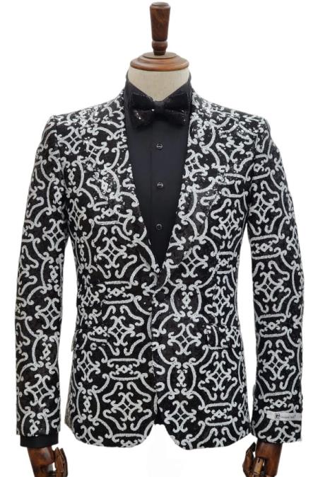 Mens 1 Button Slim Fit Peak Lapel Sequin Suit Black and white Sequin