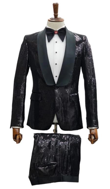 Mens 2 Button Slim Fit Shawl Lapel Sequin Suit Black