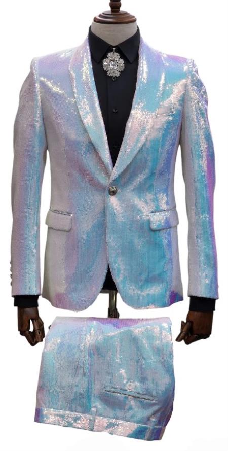 Mens 2 Button Slim Fit Shawl Lapel Sequin Suit White ~ Blue Iridescent
