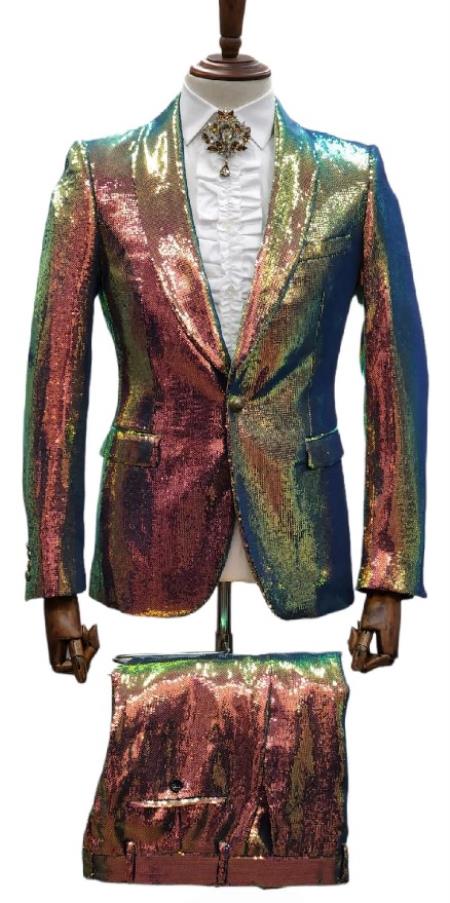 Mens 2 Button Slim Fit Shawl Lapel Sequin Suit Aero ~ Multi Color Iridescent