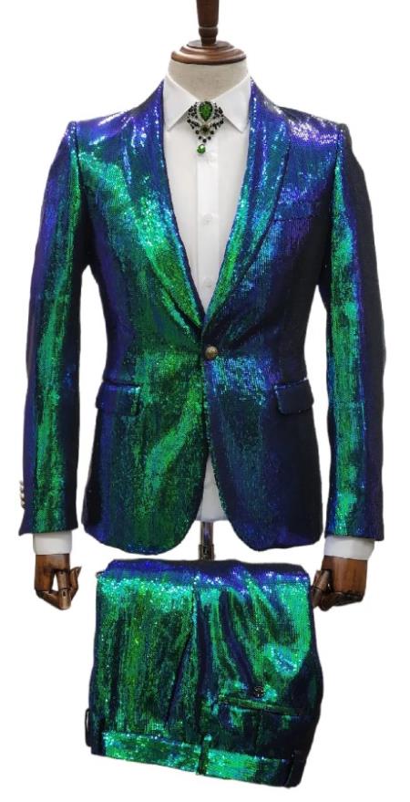 Mens 2 Button Slim Fit Shawl Lapel Sequin Suit Green ~ Blue Iridescent
