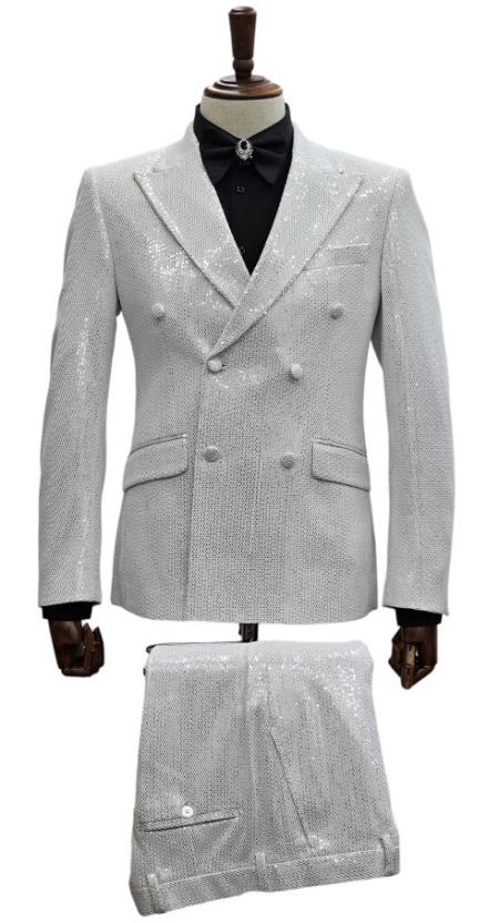 Mens 6 Button Double Breasted Slim Fit Peak Lapel Suit White