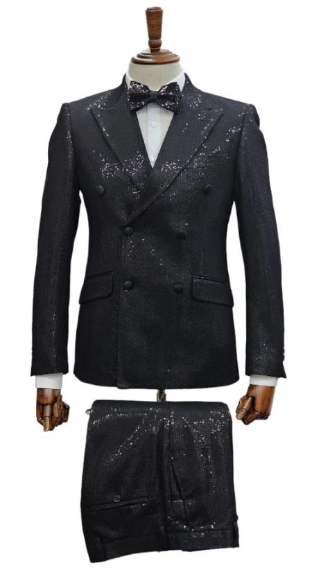 Mens 6 Button Double Breasted Slim Fit Peak Lapel Suit Black